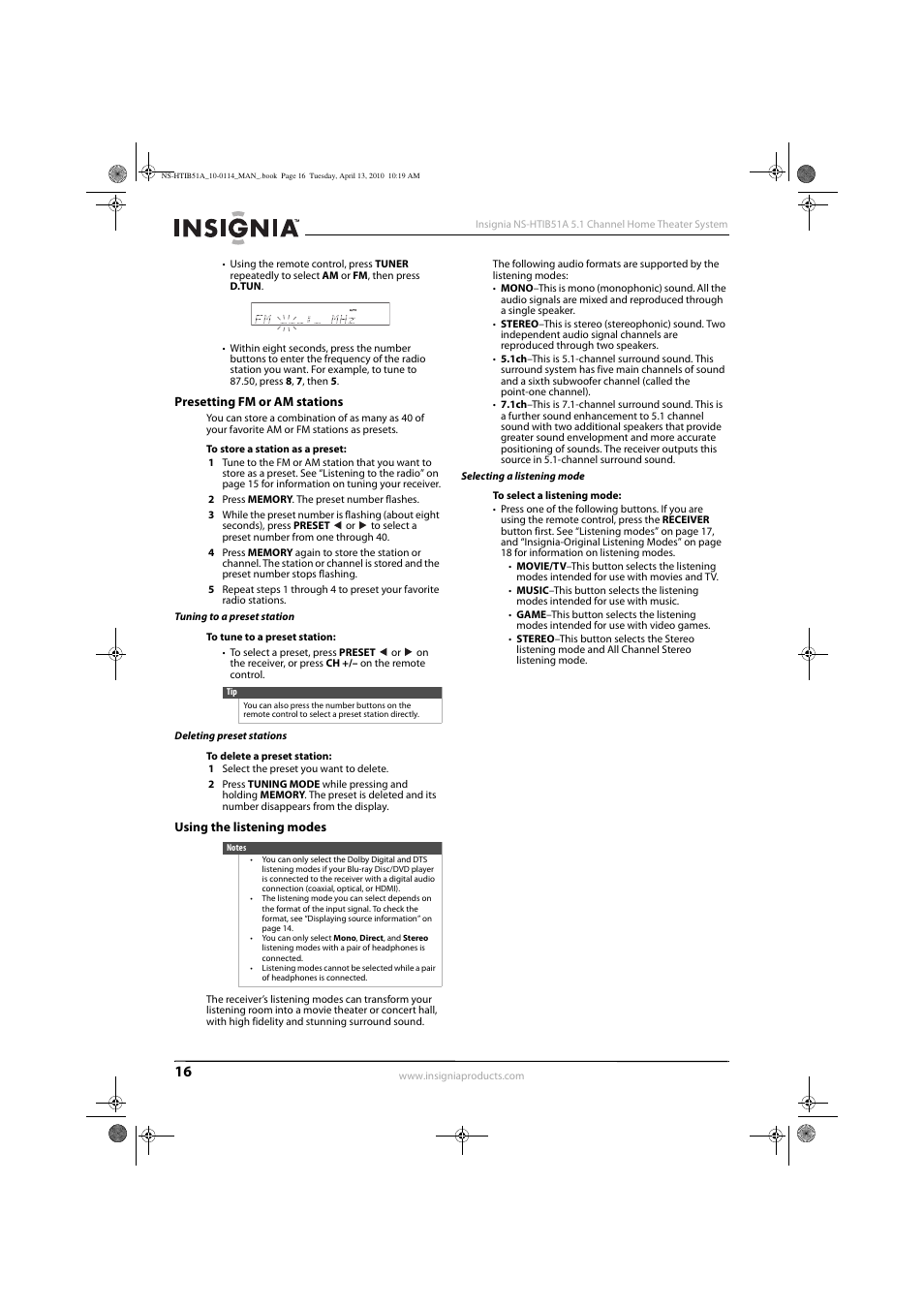 Presetting fm or am stations, Tuning to a preset station, Deleting preset stations | Using the listening modes, Selecting a listening mode, Using the listening modes” on | Insignia NS-HTIB51A User Manual | Page 20 / 40