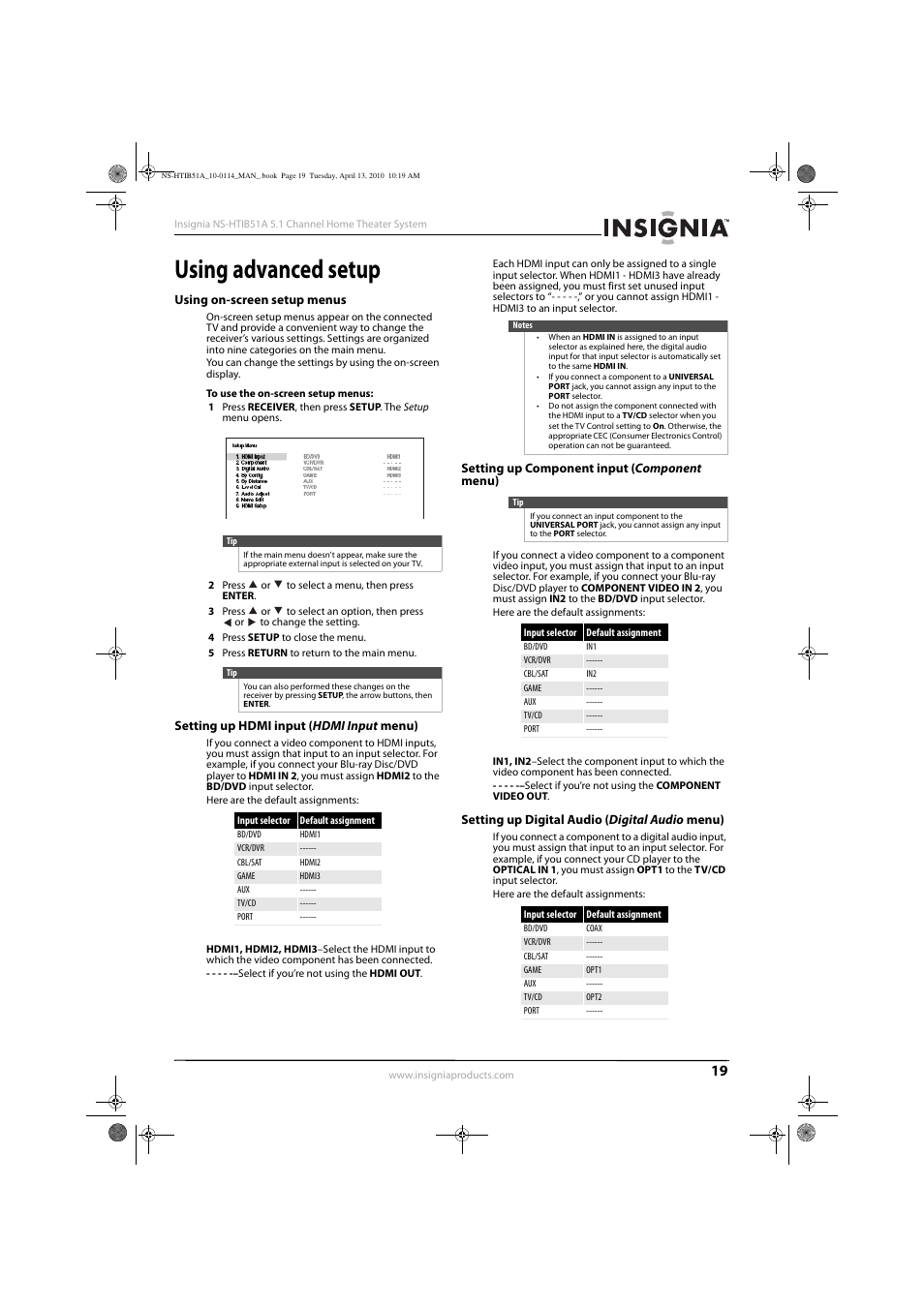 Using advanced setup, Using on-screen setup menus, Setting up hdmi input (hdmi input menu) | Setting up component input (component menu), Setting up digital audio (digital audio menu) | Insignia NS-HTIB51A User Manual | Page 23 / 40