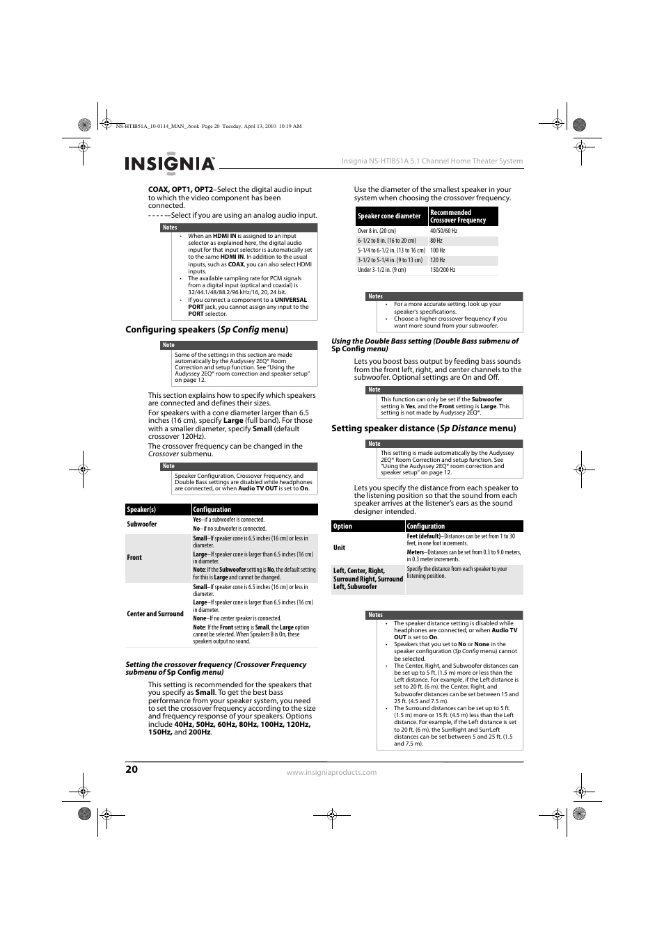 Configuring speakers (sp config menu), Setting speaker distance (sp distance menu), Configuring speakers (sp config menu)” on | Insignia NS-HTIB51A User Manual | Page 24 / 40