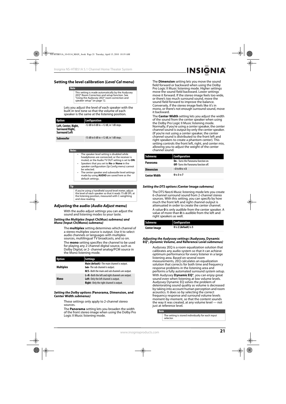 Setting the level calibration (level cal menu), Adjusting the audio (audio adjust menu), Setting the dts options (center image submenu) | Insignia NS-HTIB51A User Manual | Page 25 / 40