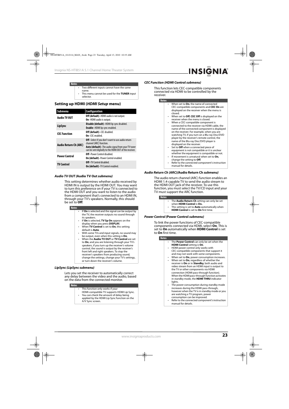 Setting up hdmi (hdmi setup menu), Audio tv out (audio tv out submenu), Lipsync (lipsync submenu) | Cec function (hdmi control submenu), Audio return ch (arc)(audio return ch submenu), Power control (power control submenu) | Insignia NS-HTIB51A User Manual | Page 27 / 40