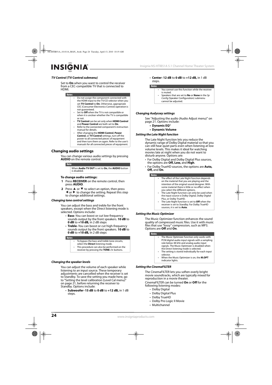Tv control (tv control submenu), Changing audio settings, Changing tone control settings | Changing the speaker levels, Changing audyssey settings, Setting the late night function, Setting the music optimizer, Setting the cinemafilter, See “changing audio settings” on | Insignia NS-HTIB51A User Manual | Page 28 / 40