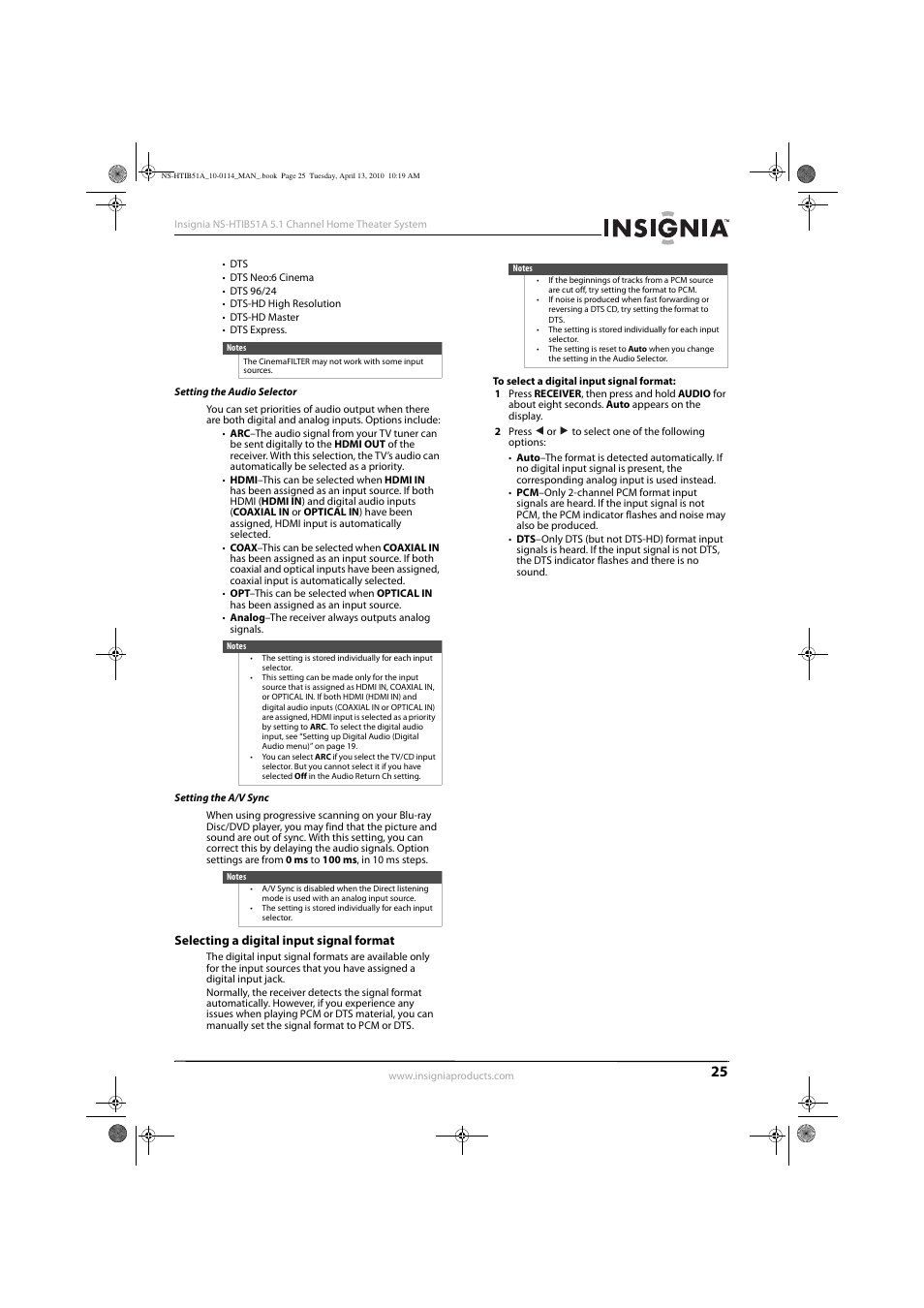 Setting the audio selector, Setting the a/v sync, Selecting a digital input signal format | Insignia NS-HTIB51A User Manual | Page 29 / 40