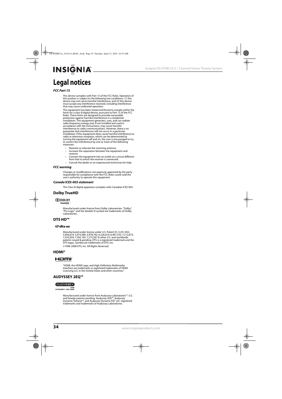 Legal notices, Fcc part 15, Fcc warning | Canada ices-003 statement, Dolby truehd, Dts hd, Hdmi, Audyssey 2eq, Dolby truehd dts hd™ hdmi® audyssey 2eq | Insignia NS-HTIB51A User Manual | Page 38 / 40