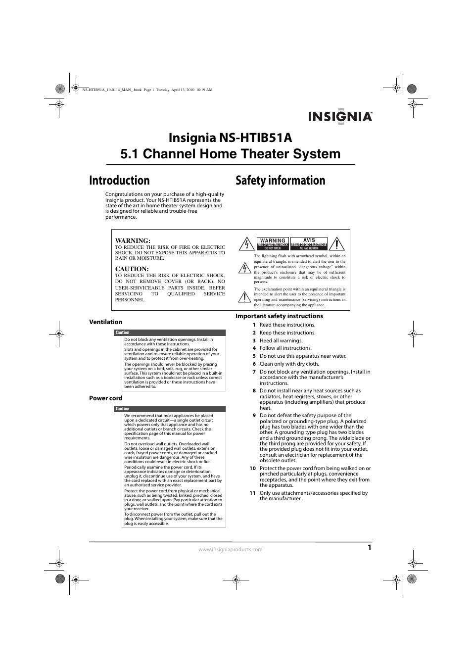 Introduction, Safety information, Ventilation | Power cord, Important safety instructions | Insignia NS-HTIB51A User Manual | Page 5 / 40