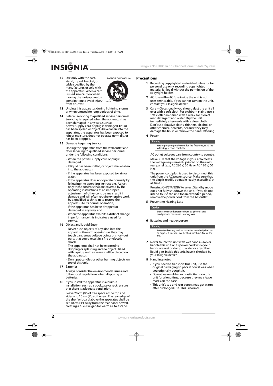 Precautions | Insignia NS-HTIB51A User Manual | Page 6 / 40