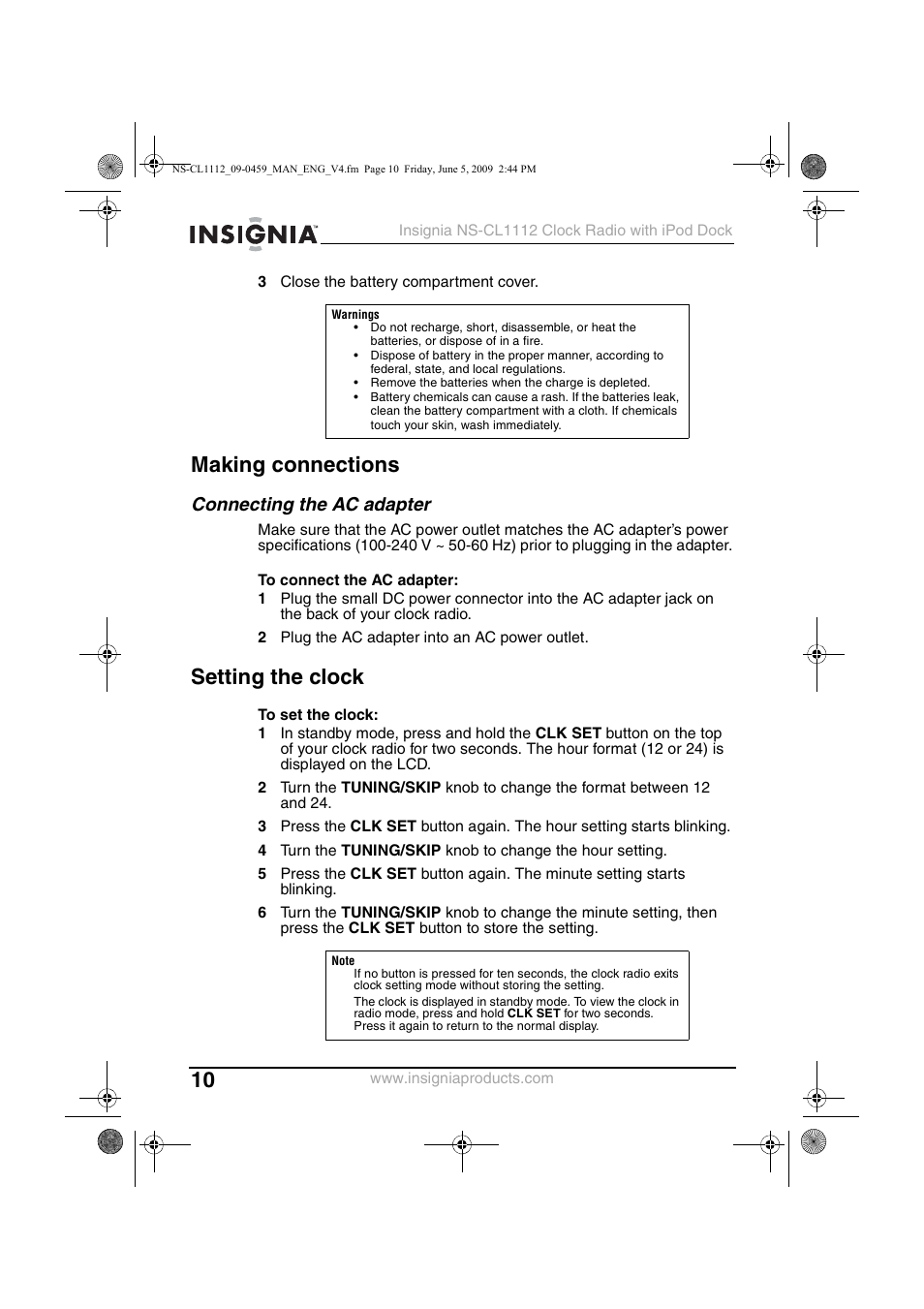 Making connections, Connecting the ac adapter, Setting the clock | Insignia NS-CL1112 User Manual | Page 10 / 21