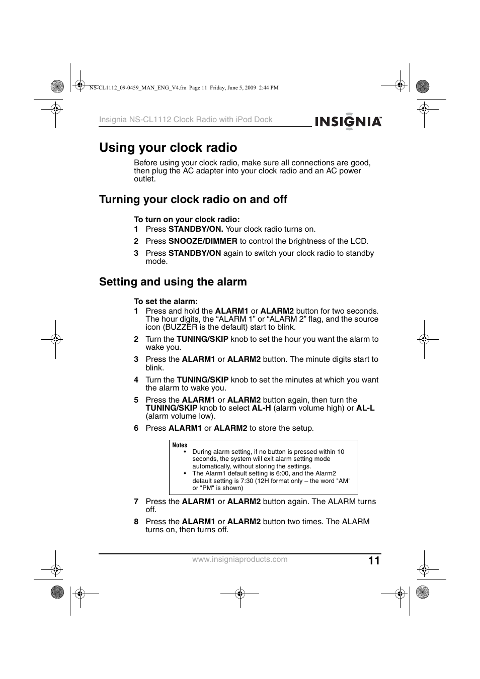 Using your clock radio, Turning your clock radio on and off, Setting and using the alarm | Insignia NS-CL1112 User Manual | Page 11 / 21