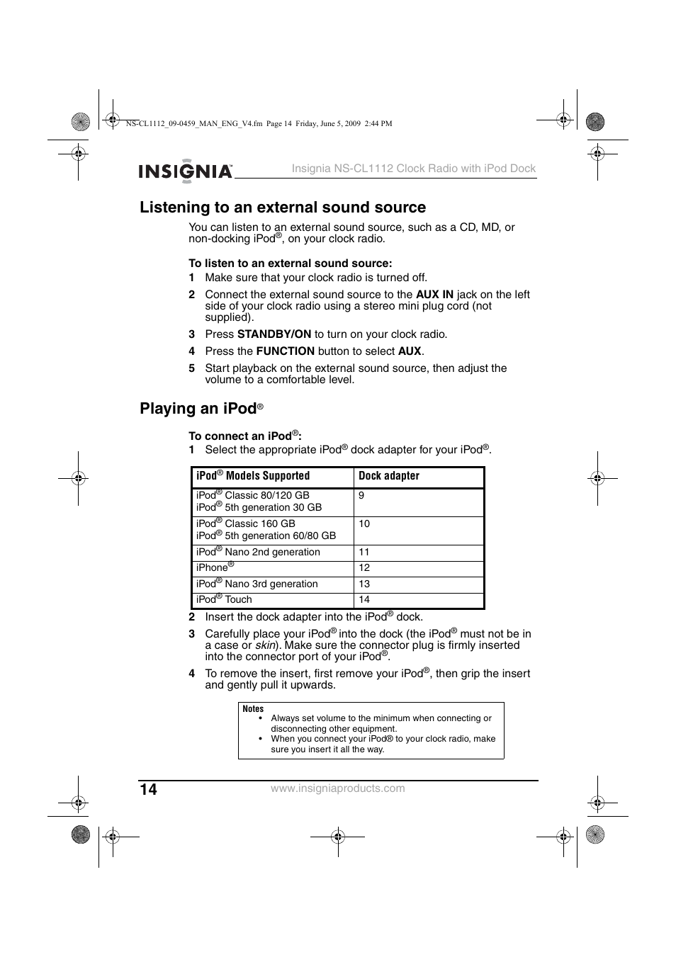Listening to an external sound source, Playing an ipod | Insignia NS-CL1112 User Manual | Page 14 / 21