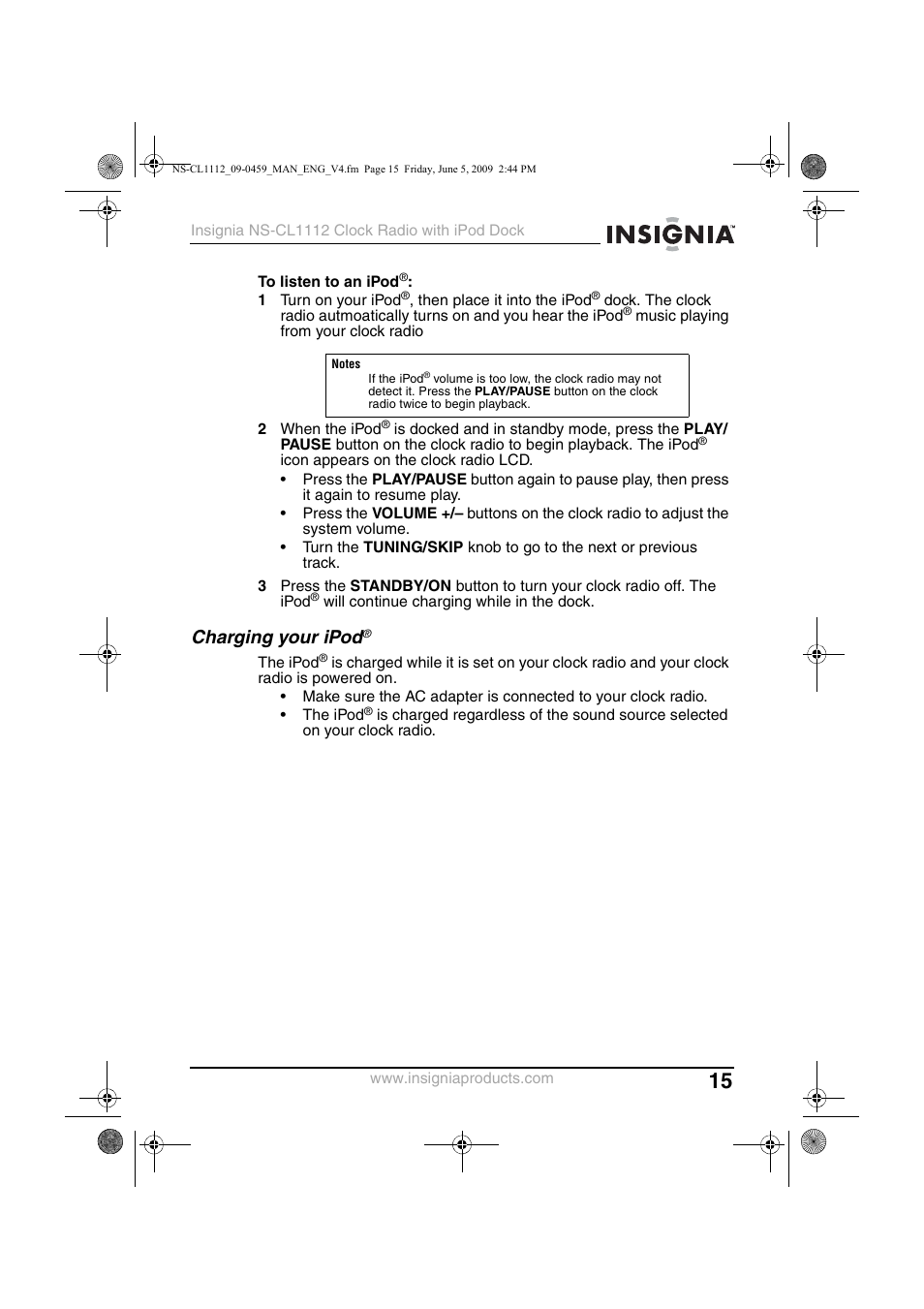 Charging your ipod | Insignia NS-CL1112 User Manual | Page 15 / 21
