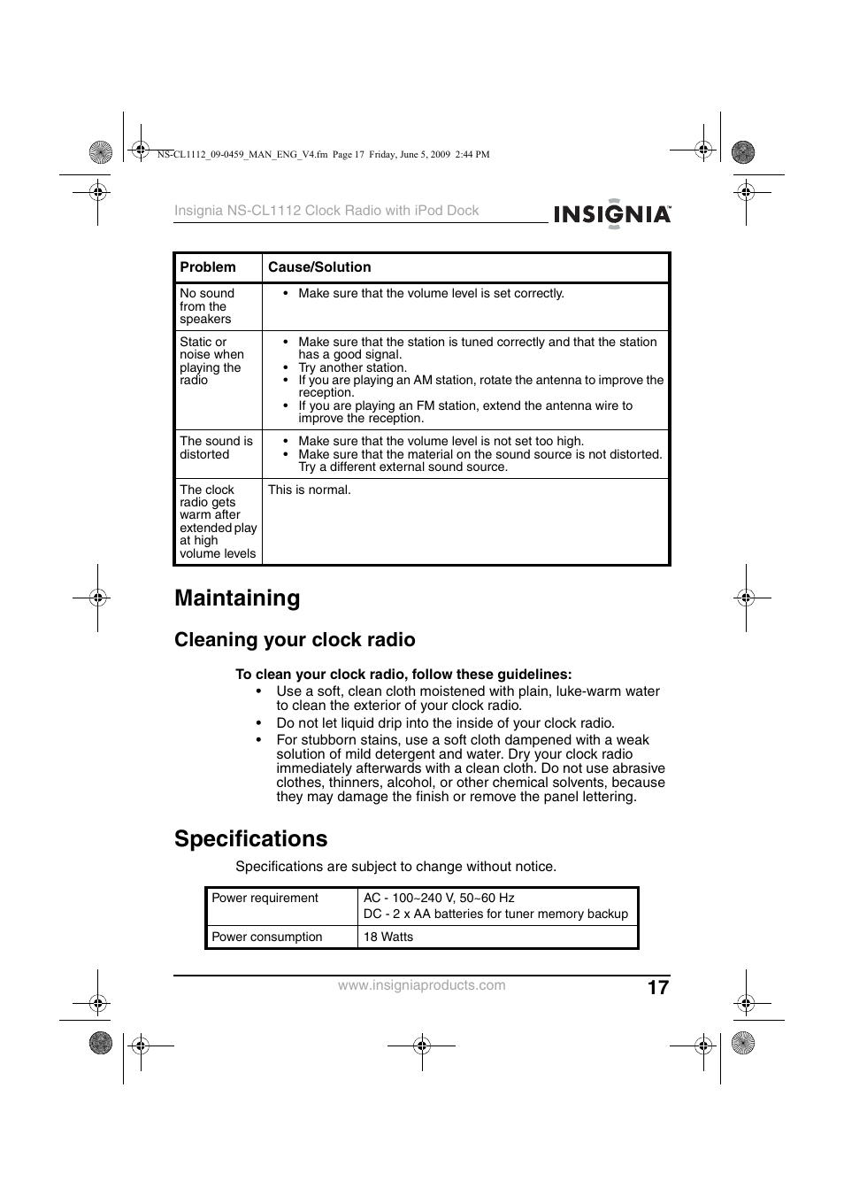 Maintaining, Cleaning your clock radio, Specifications | Maintaining specifications | Insignia NS-CL1112 User Manual | Page 17 / 21