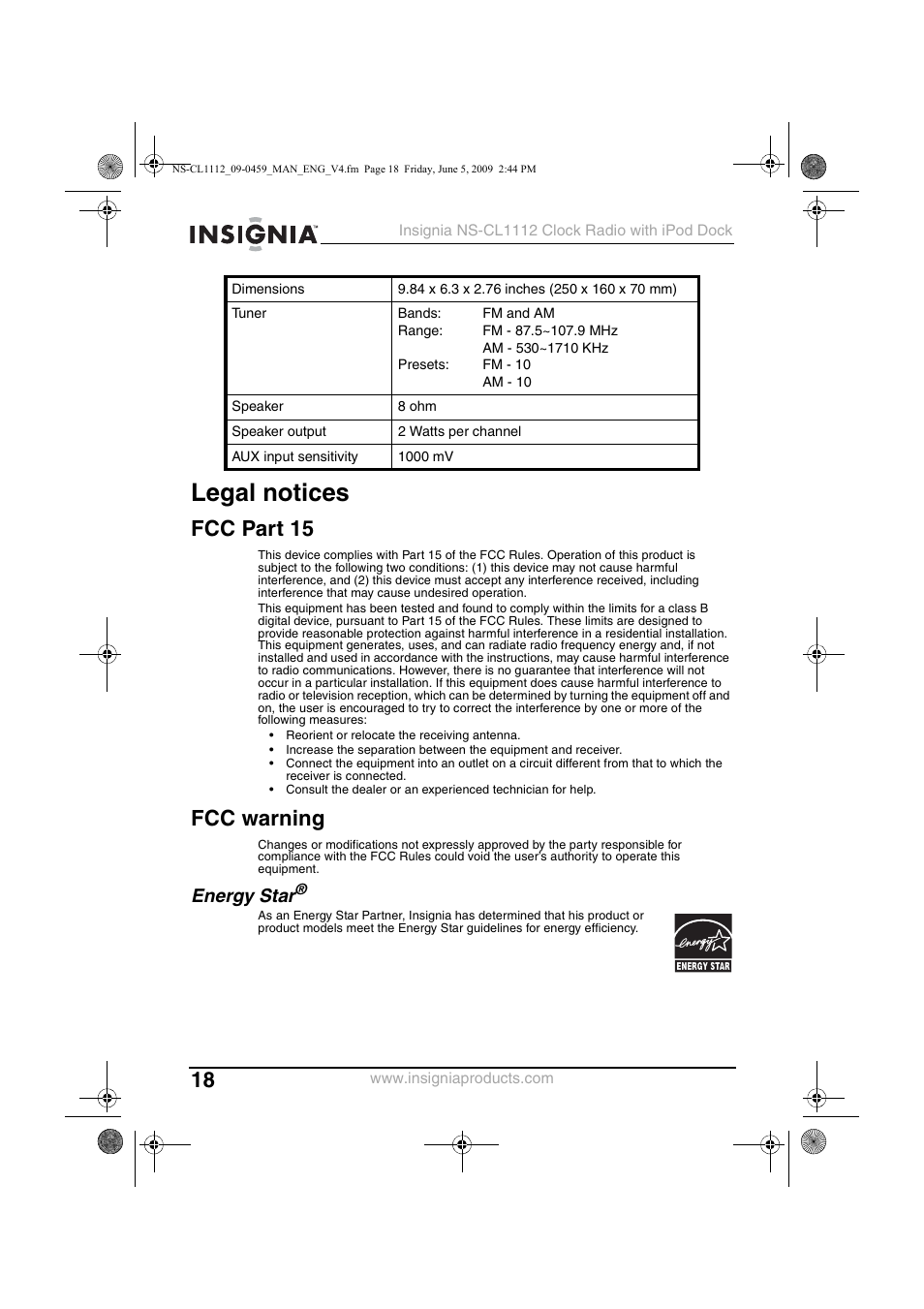 Legal notices, Fcc part 15, Fcc warning | Energy star | Insignia NS-CL1112 User Manual | Page 18 / 21