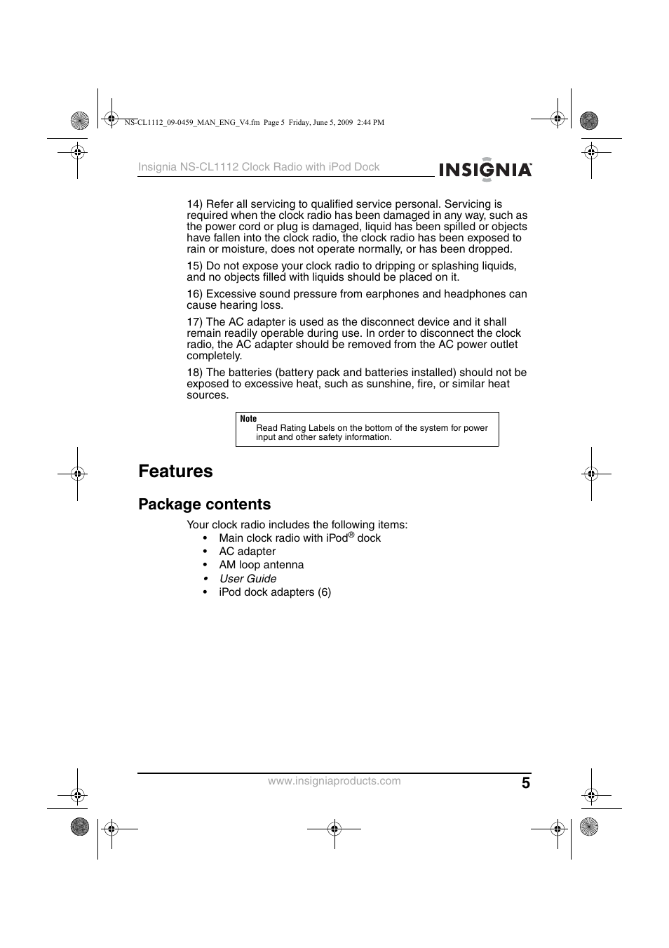 Features, Package contents | Insignia NS-CL1112 User Manual | Page 5 / 21