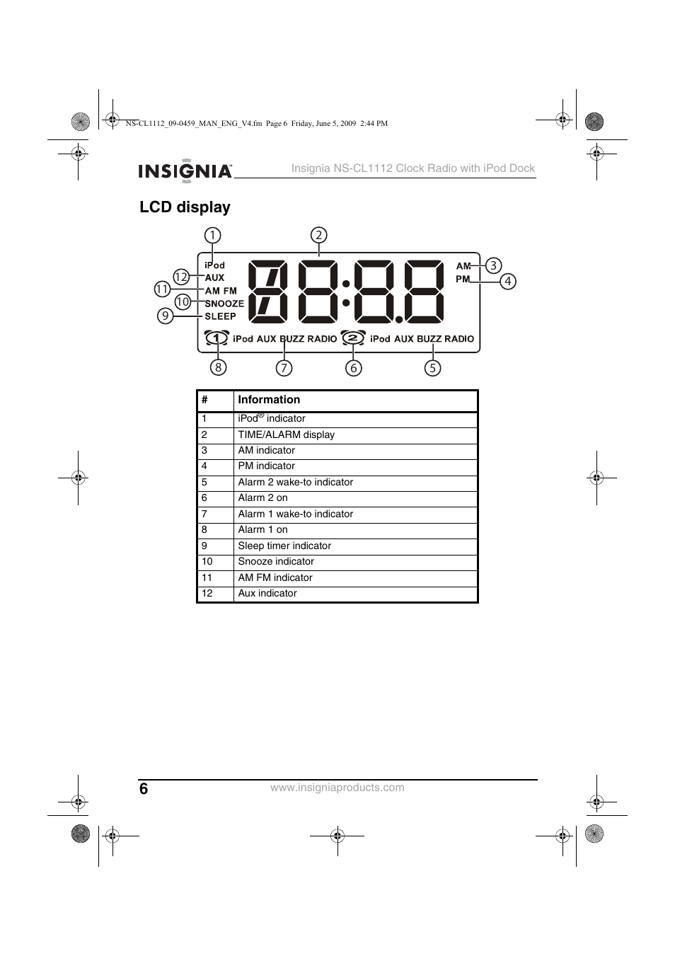 Lcd display | Insignia NS-CL1112 User Manual | Page 6 / 21