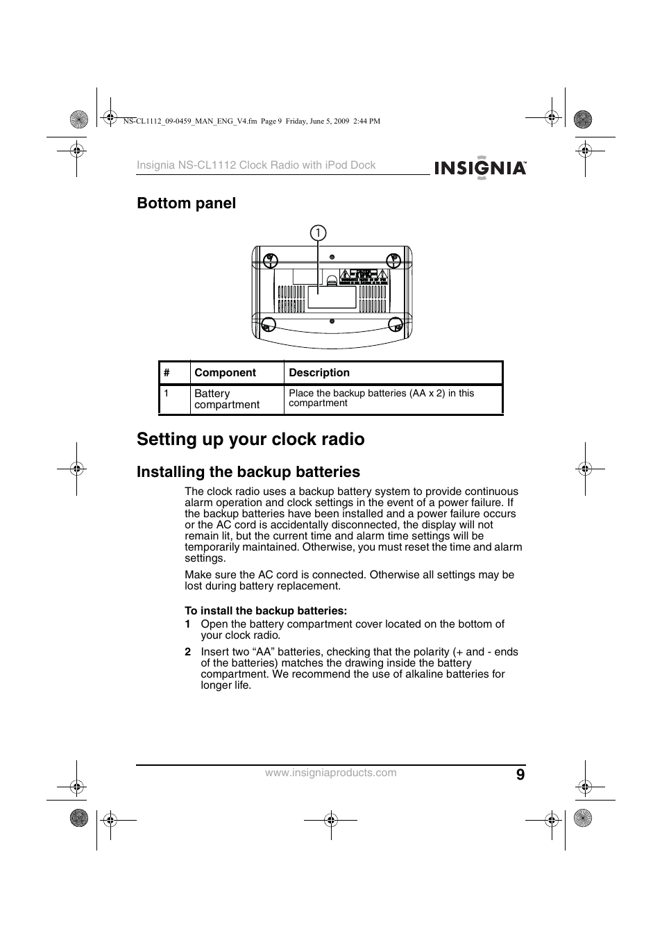 Bottom panel, Setting up your clock radio, Installing the backup batteries | Insignia NS-CL1112 User Manual | Page 9 / 21