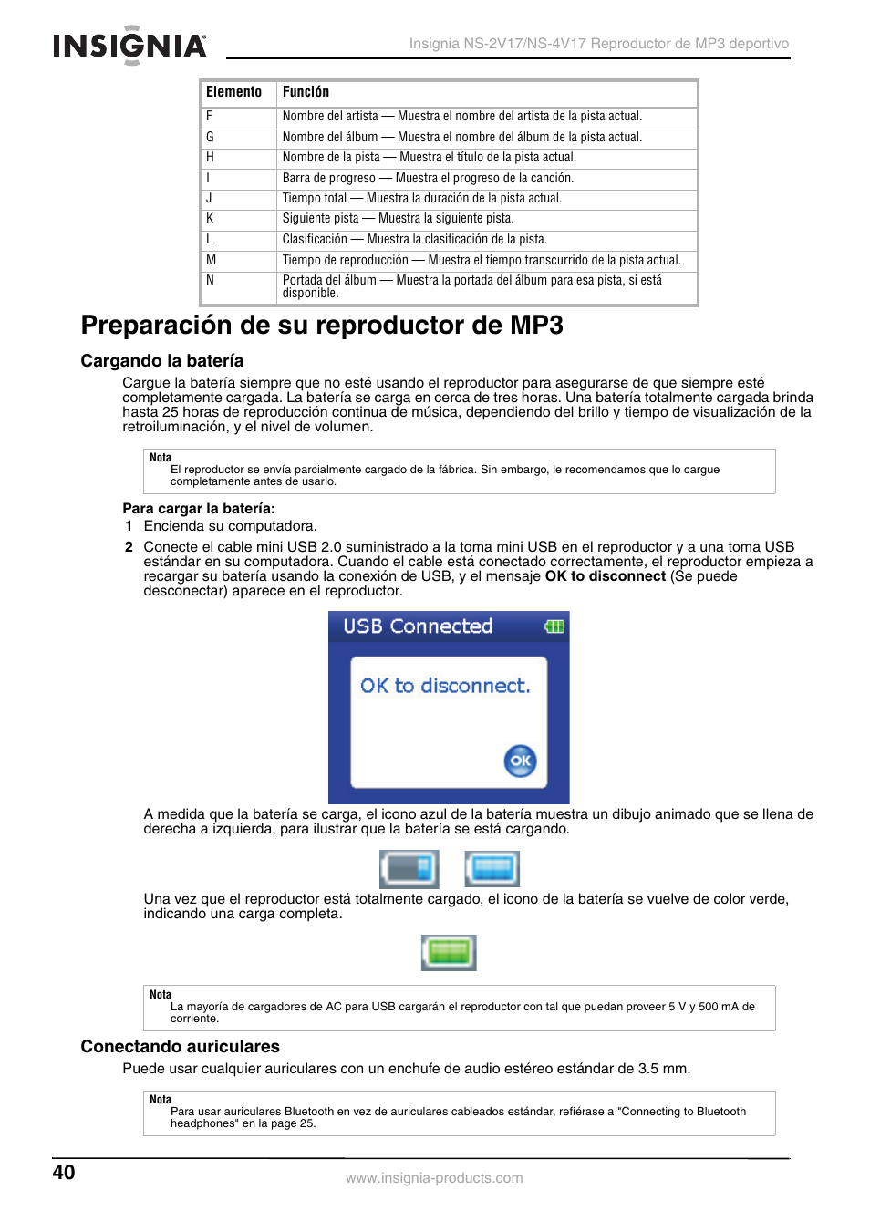 Preparación de su reproductor de mp3, Cargando la batería, Conectando auriculares | Cargando la batería conectando auriculares | Insignia NS-2V17/NS-4V17 User Manual | Page 40 / 68