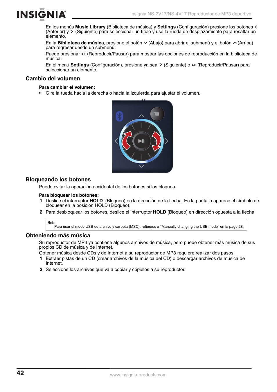 Cambio del volumen, Bloqueando los botones, Obteniendo más música | Insignia NS-2V17/NS-4V17 User Manual | Page 42 / 68