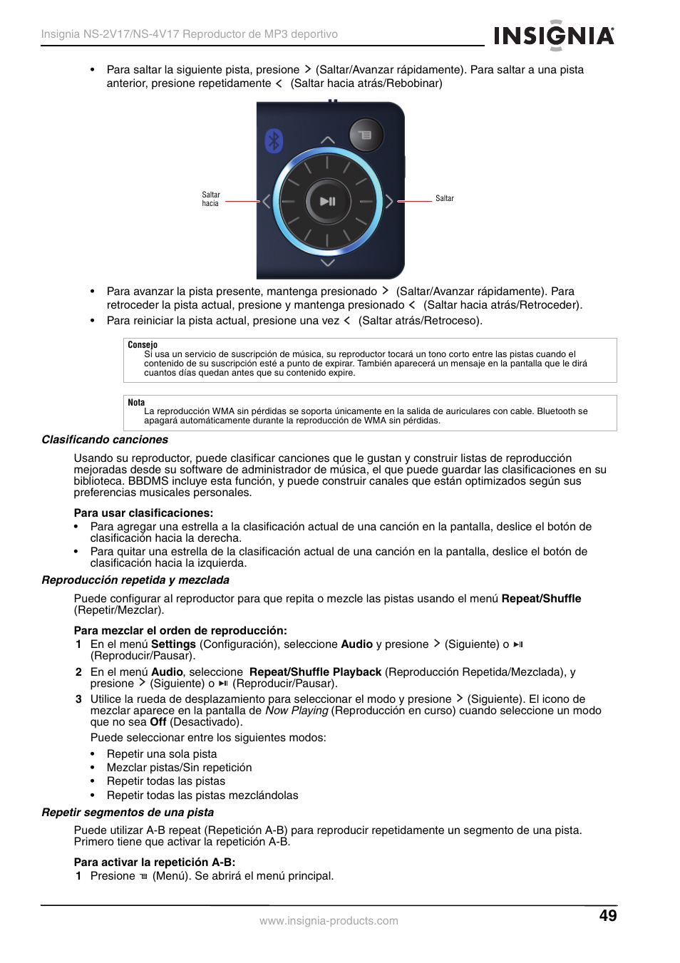 Clasificando canciones, Reproducción repetida y mezclada, Repetir segmentos de una pista | Insignia NS-2V17/NS-4V17 User Manual | Page 49 / 68
