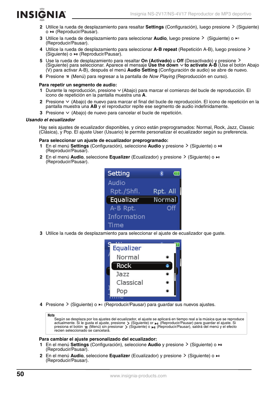 Usando el ecualizador | Insignia NS-2V17/NS-4V17 User Manual | Page 50 / 68