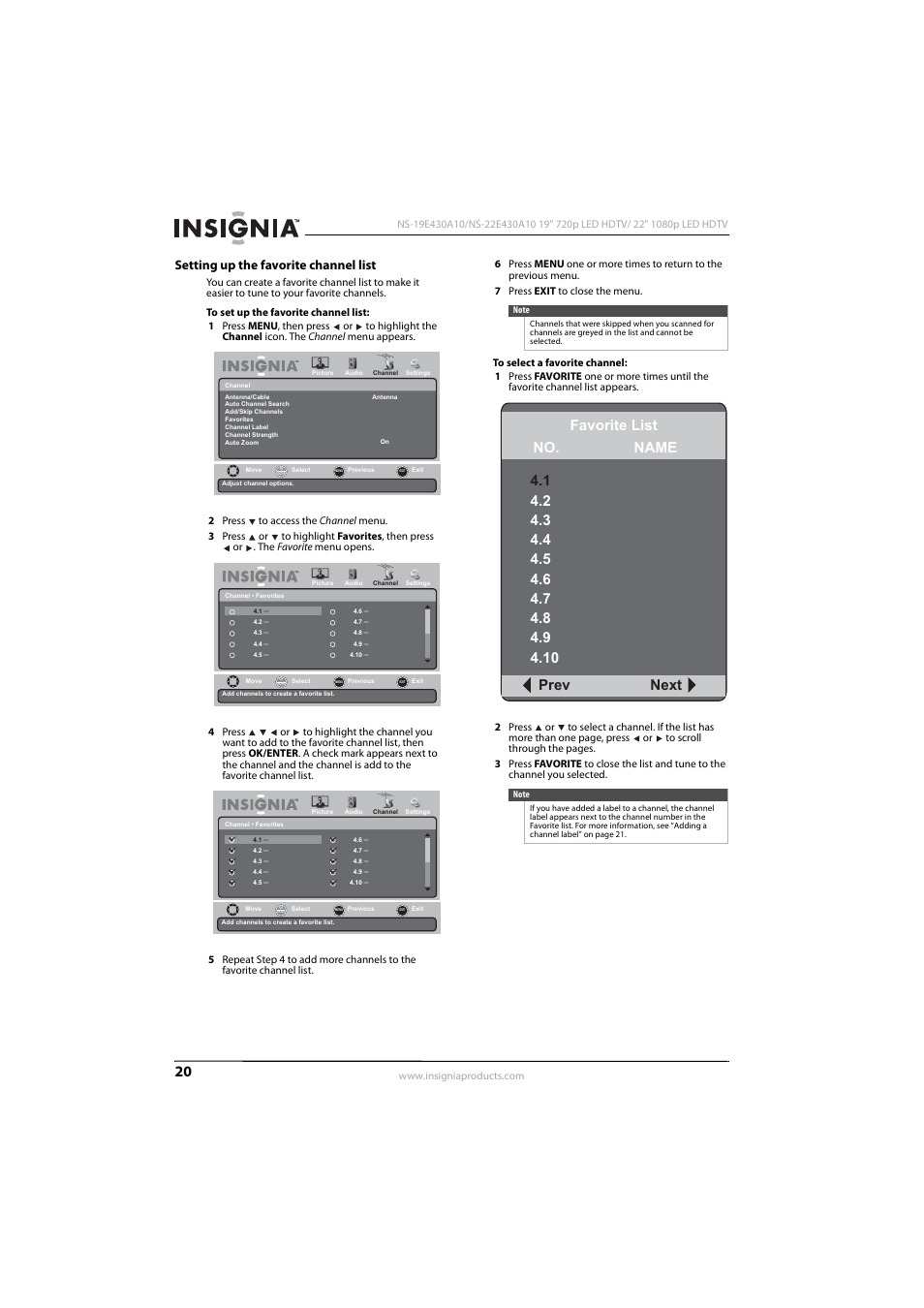Setting up the favorite channel list, Ee “setting up the favorite channel list | Insignia NS-19E430A10 User Manual | Page 24 / 44
