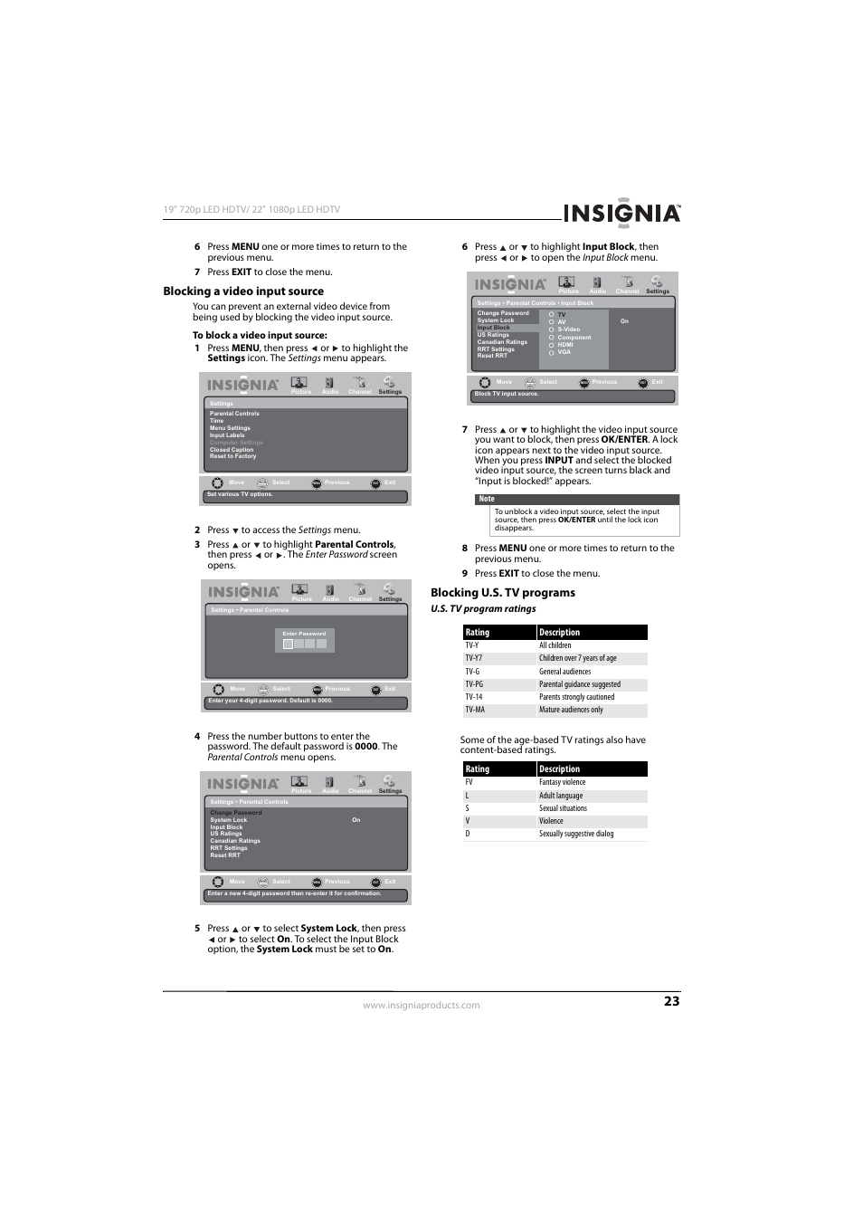 Blocking a video input source, Blocking u.s. tv programs | Insignia NS-19E430A10 User Manual | Page 27 / 44