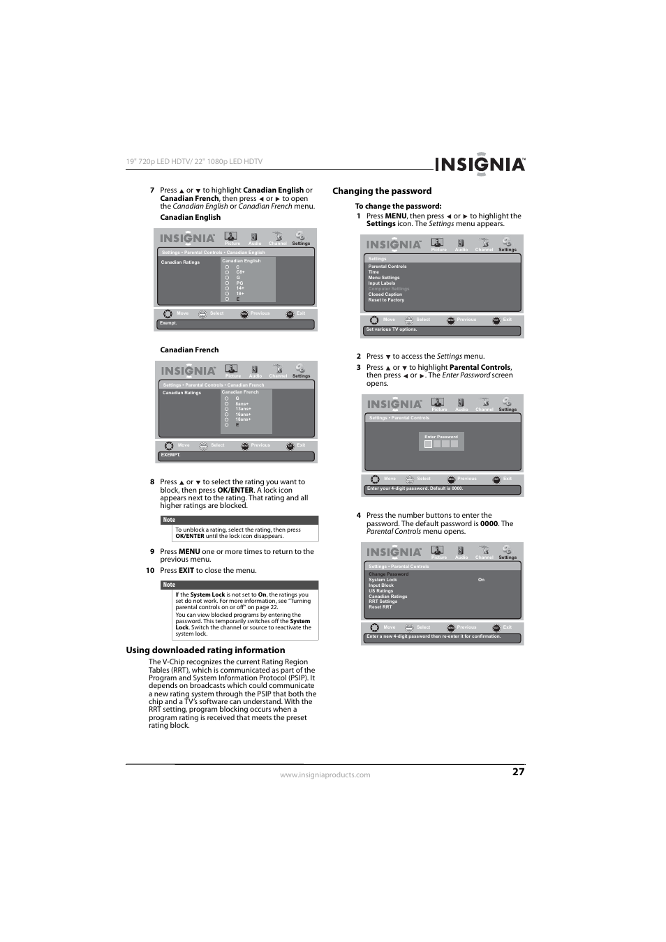 Using downloaded rating information, Changing the password | Insignia NS-19E430A10 User Manual | Page 31 / 44