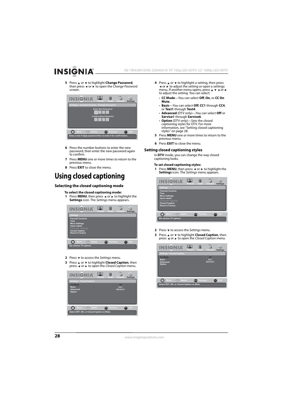Using closed captioning, Selecting the closed captioning mode, Setting closed captioning styles | Selecting the closed captioning mode” o, Ge 28 | Insignia NS-19E430A10 User Manual | Page 32 / 44