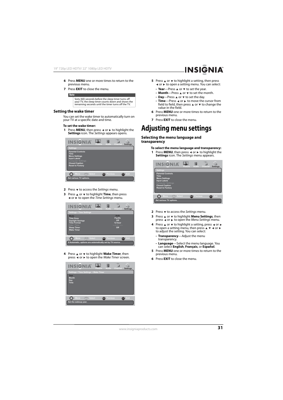 Setting the wake timer, Adjusting menu settings, Selecting the menu language and transparency | Setting the wake timer” o | Insignia NS-19E430A10 User Manual | Page 35 / 44