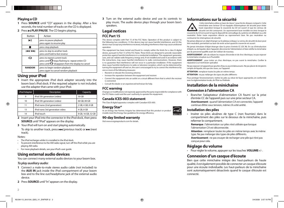 Using your ipod, Using external audio devices, Legal notices | Informations sur la sécurité, Installation de la minichaîne, Réglage du volume, Connexion d’un casque d’écoute | Insignia NS-B4113 User Manual | Page 2 / 4
