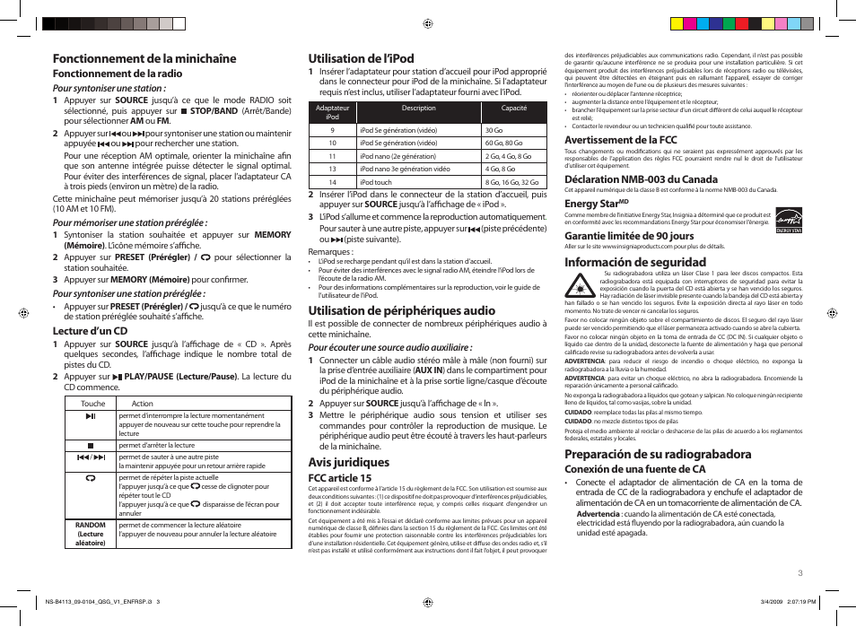 Fonctionnement de la minichaîne, Utilisation de l’ipod, Utilisation de périphériques audio | Avis juridiques, Información de seguridad, Preparación de su radiograbadora | Insignia NS-B4113 User Manual | Page 3 / 4