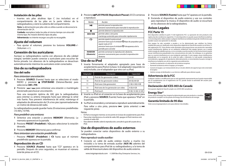 Ajuste del volumen, Conexión de los auriculares, Uso de su radiograbadora | Uso de su ipod, Uso de dispositivos de audio externos, Avisos legales | Insignia NS-B4113 User Manual | Page 4 / 4