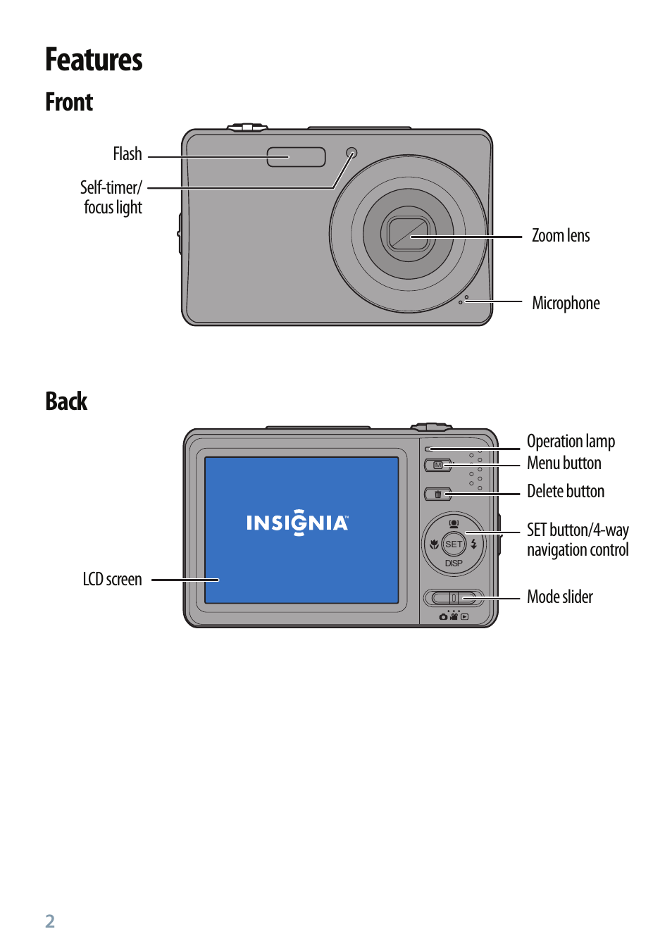 Features, Front back | Insignia NS-DSC10SL User Manual | Page 2 / 8