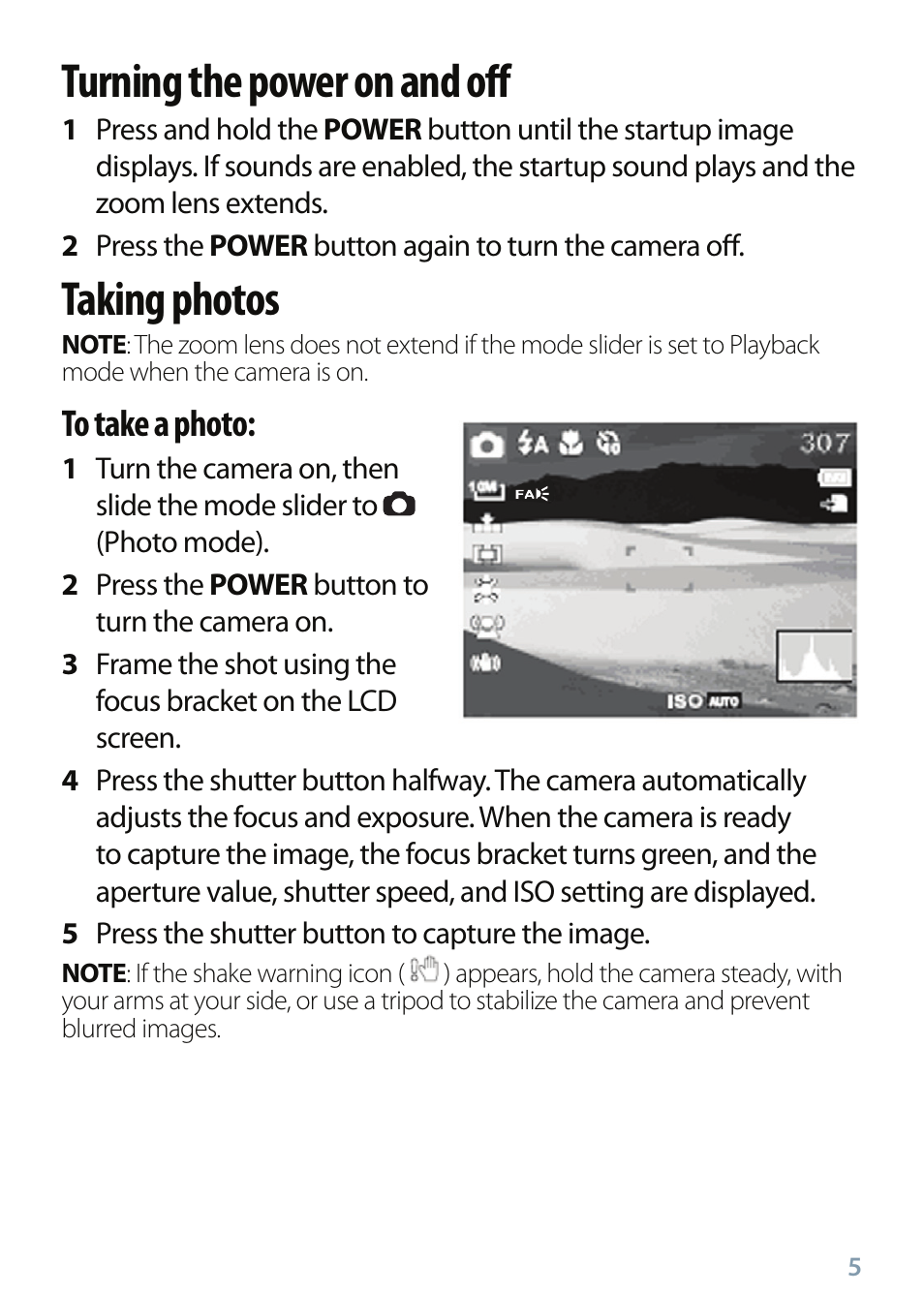 Turning the power on and off, Taking photos | Insignia NS-DSC10SL User Manual | Page 5 / 8