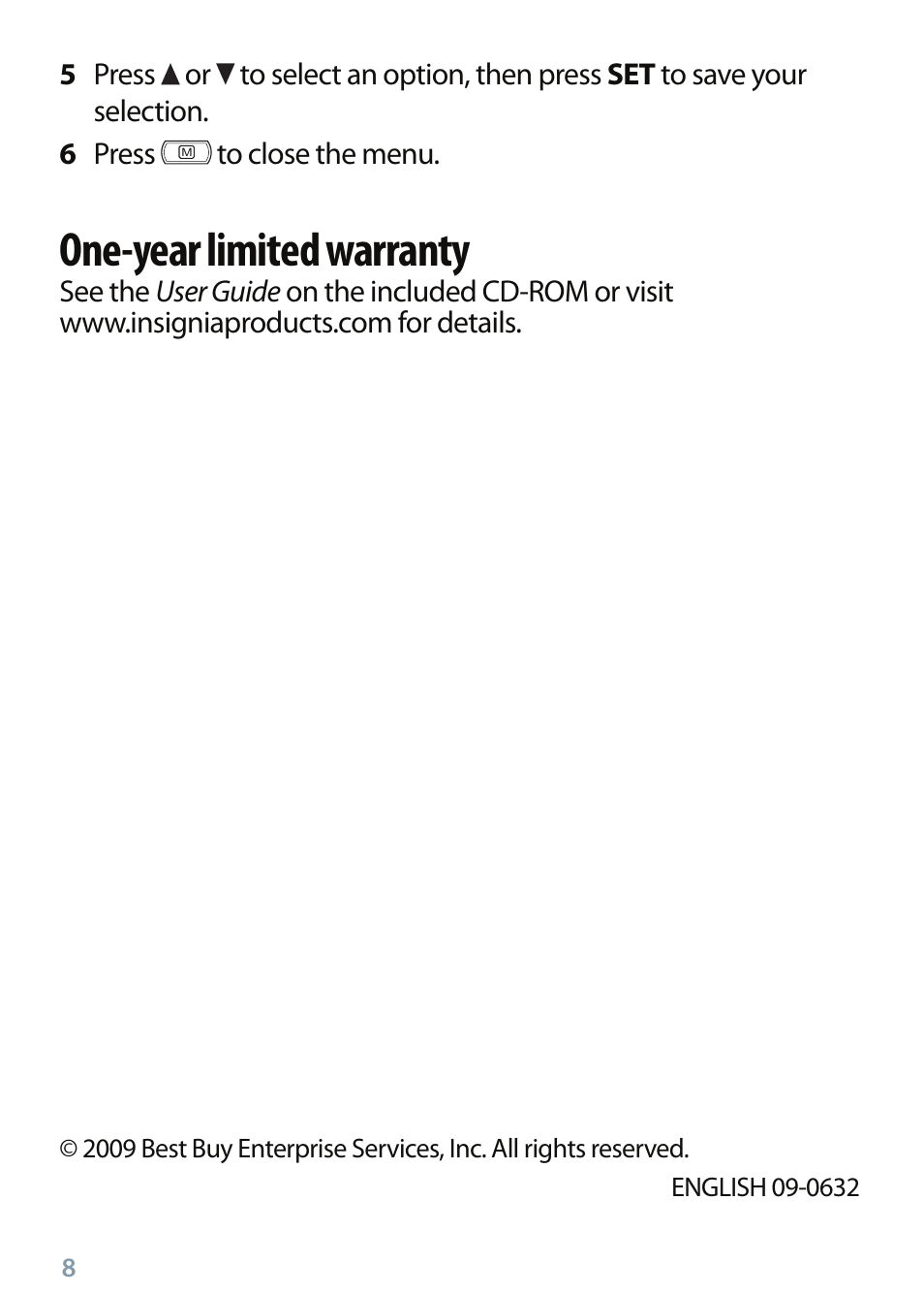 One-year limited warranty | Insignia NS-DSC10SL User Manual | Page 8 / 8