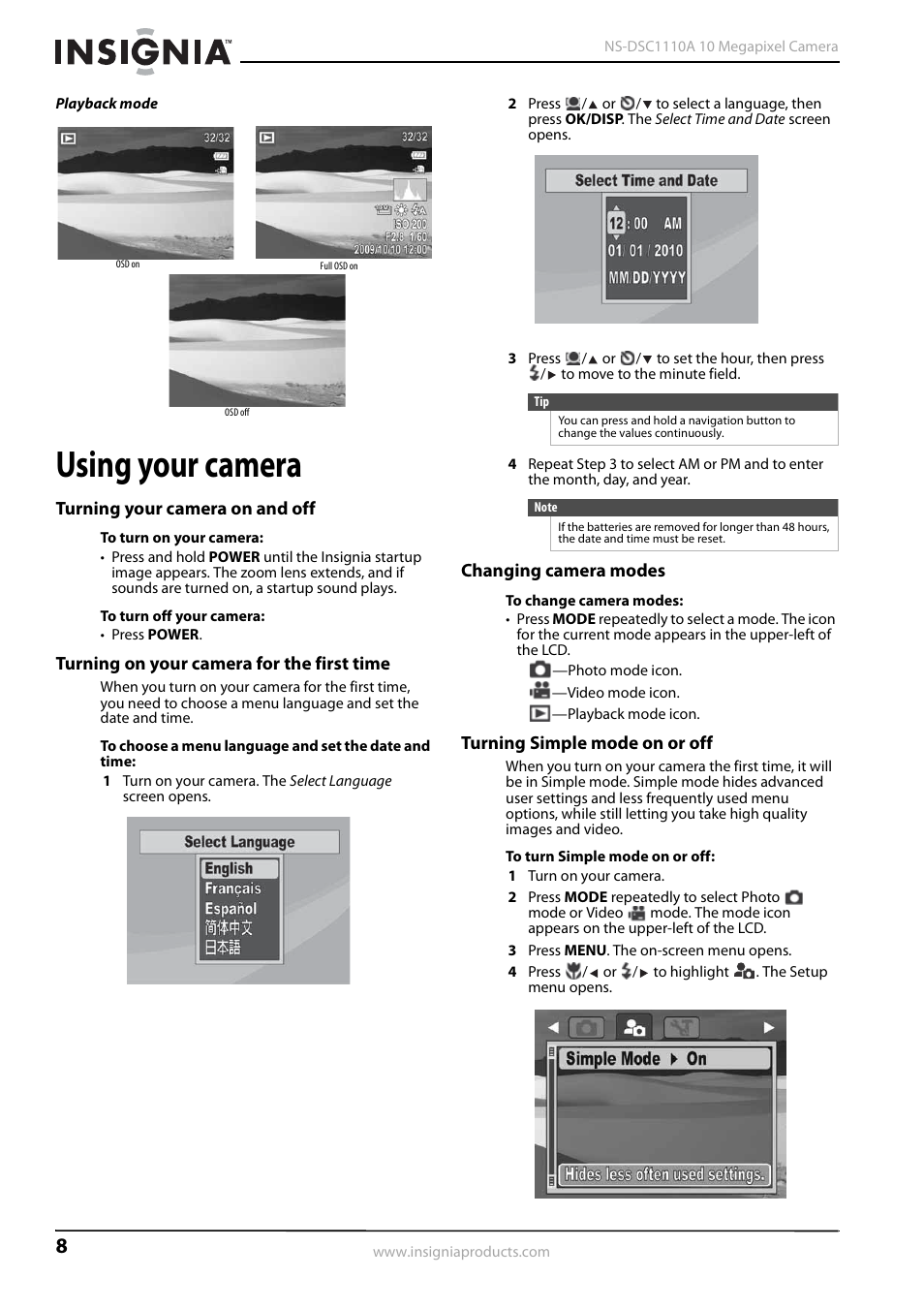 Using your camera, Turning your camera on and off, Turning on your camera for the first time | Changing camera modes, Turning simple mode on or off | Insignia NS-DSC1110A User Manual | Page 12 / 30