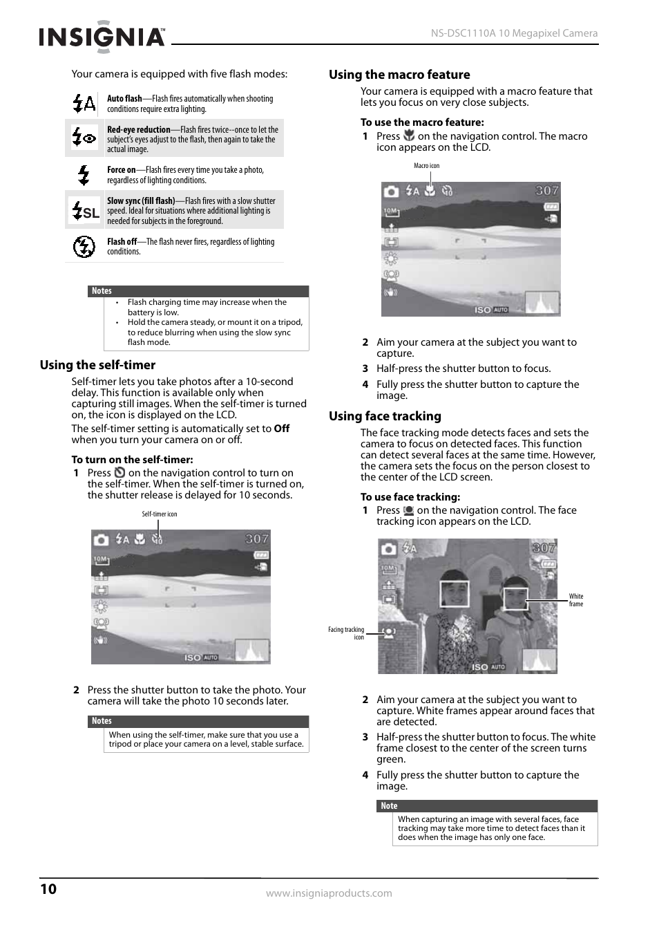 Using the self-timer, Using the macro feature, Using face tracking | Using the macro feature” o, Using the self-timer” o, Ee “using the macro feature” o | Insignia NS-DSC1110A User Manual | Page 14 / 30