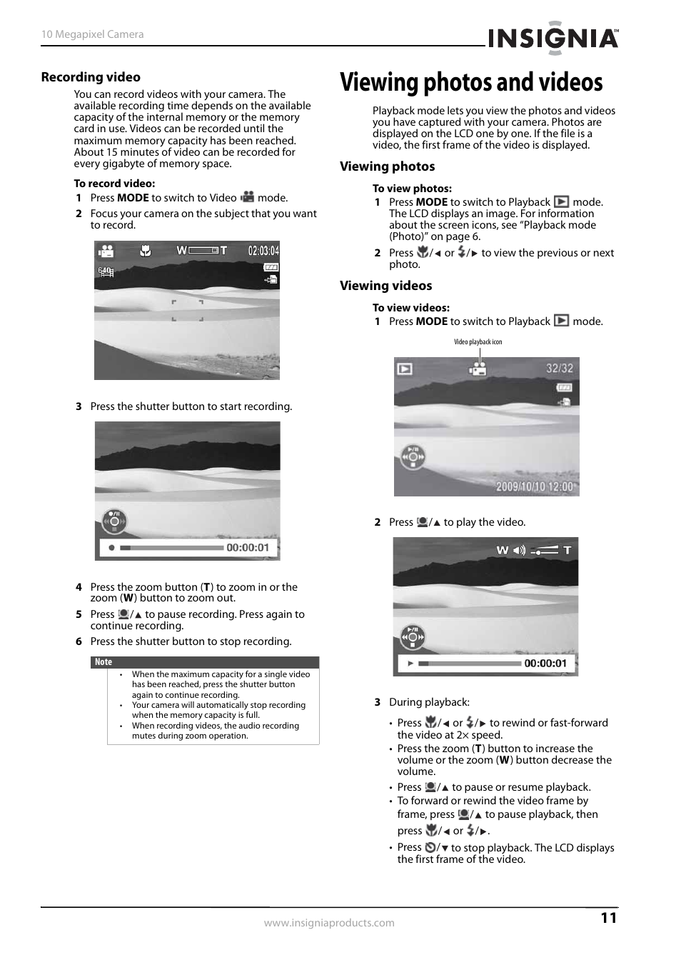 Recording video, Viewing photos and videos, Viewing photos | Viewing videos, Viewing photos viewing videos | Insignia NS-DSC1110A User Manual | Page 15 / 30