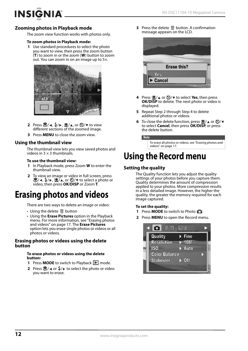 Zooming photos in playback mode, Using the thumbnail view, Erasing photos and videos | Erasing photos or videos using the delete button, Using the record menu, Setting the quality | Insignia NS-DSC1110A User Manual | Page 16 / 30