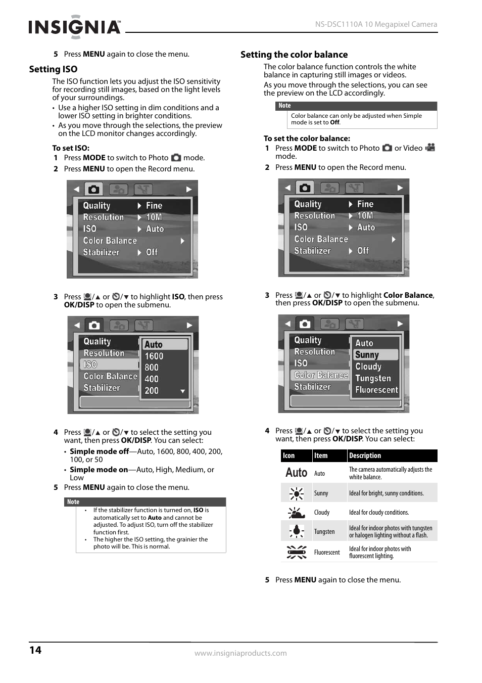 Setting iso, Setting the color balance, Setting iso setting the color balance | Setting the color balance” o, Ee “setting the color balance, Auto | Insignia NS-DSC1110A User Manual | Page 18 / 30