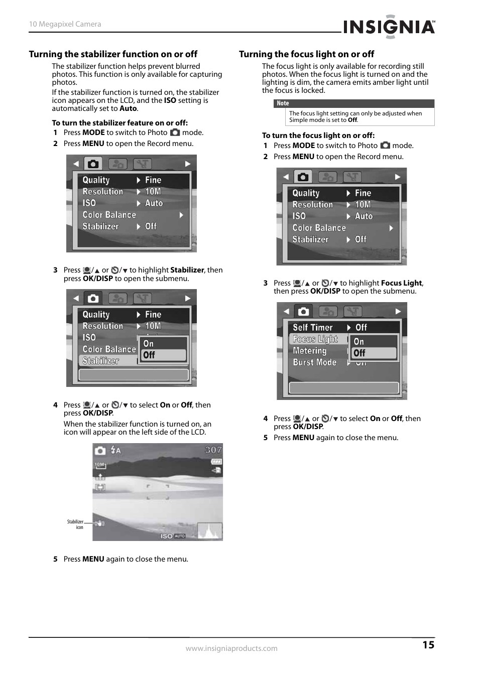 Turning the stabilizer function on or off, Turning the focus light on or off | Insignia NS-DSC1110A User Manual | Page 19 / 30