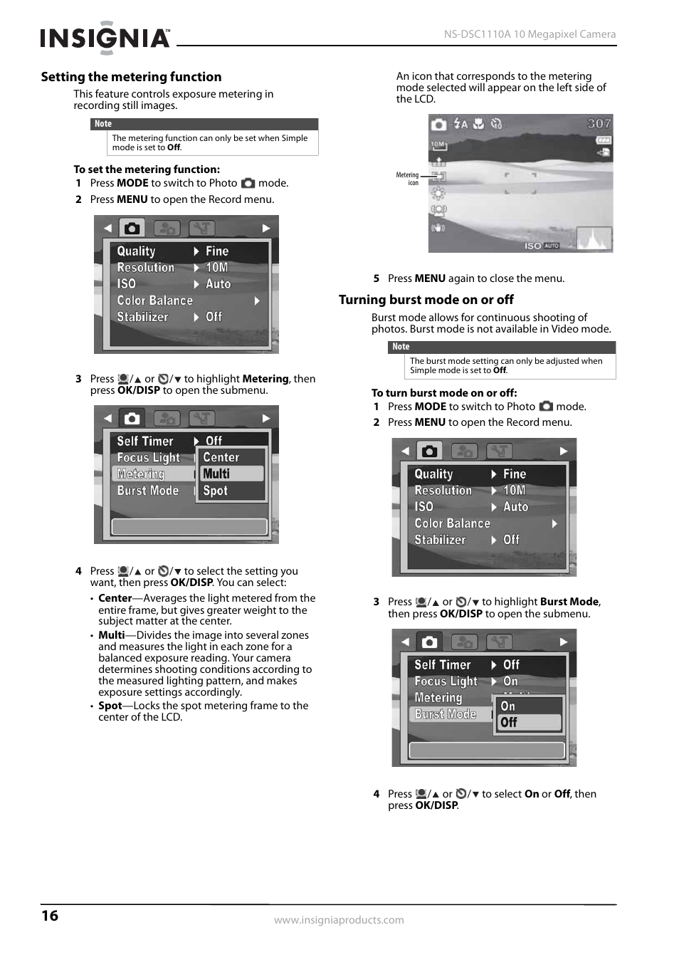 Setting the metering function, Turning burst mode on or off | Insignia NS-DSC1110A User Manual | Page 20 / 30