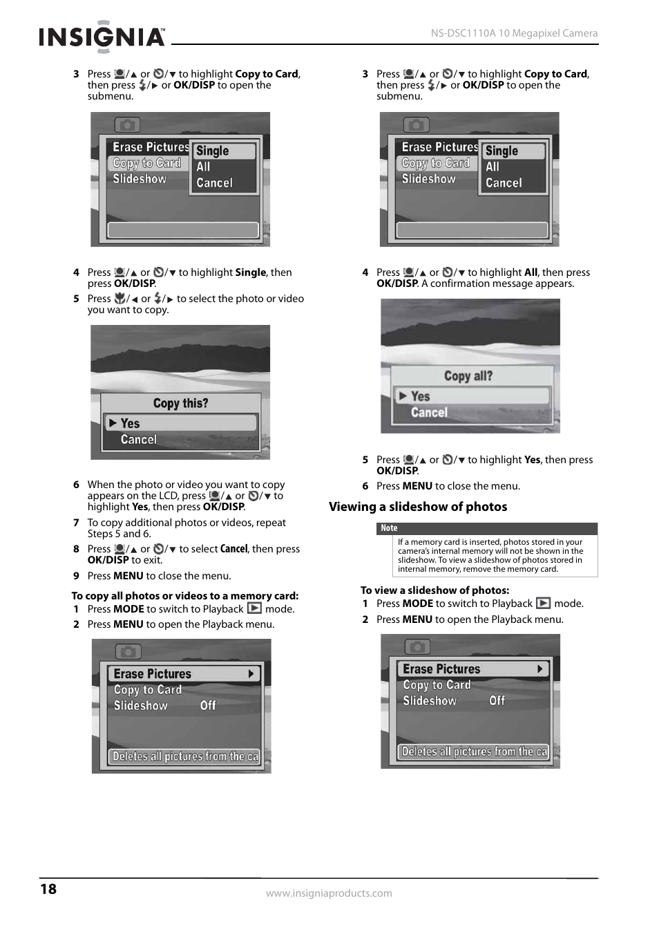 Viewing a slideshow of photos | Insignia NS-DSC1110A User Manual | Page 22 / 30