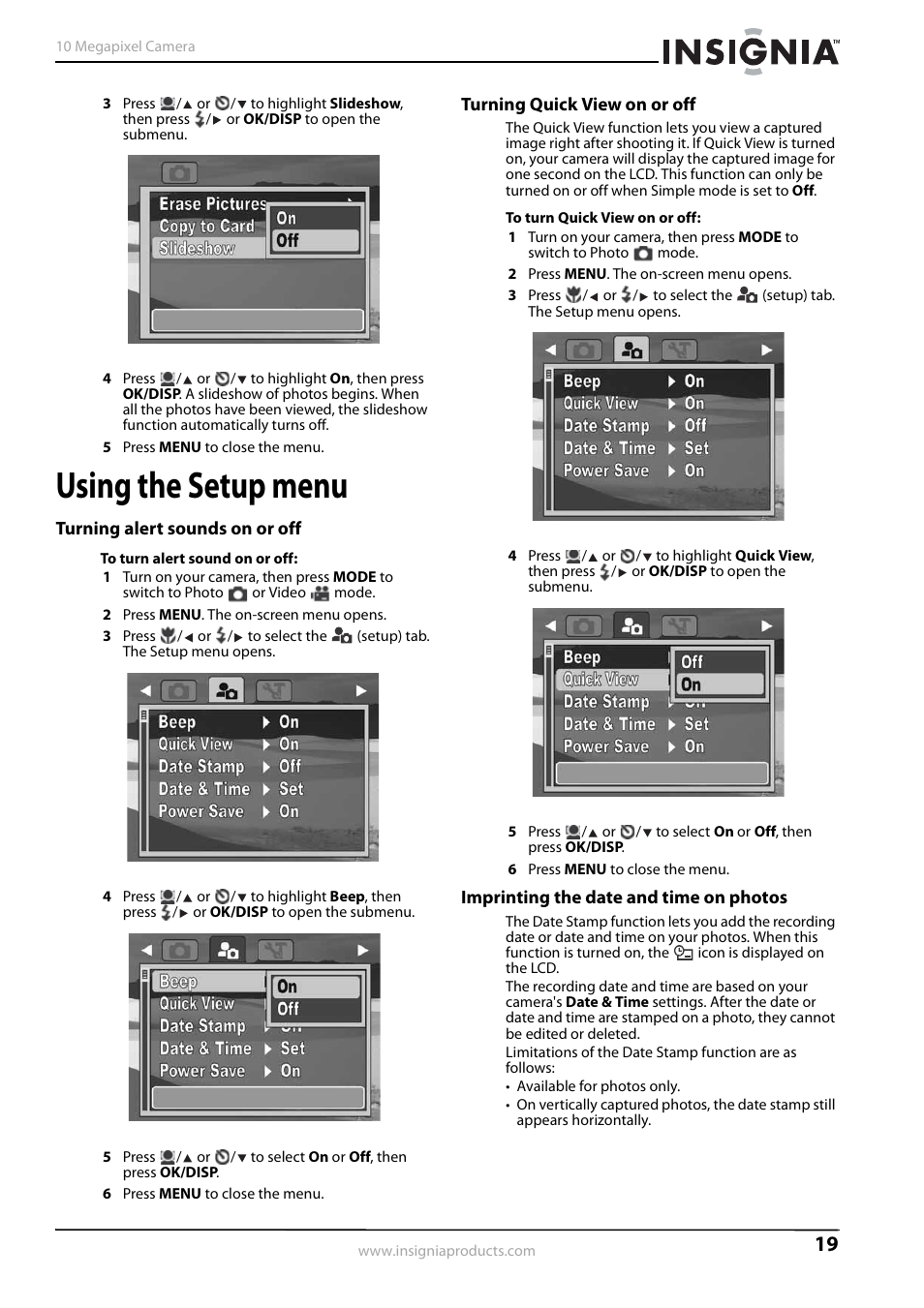 Using the setup menu, Turning alert sounds on or off, Turning quick view on or off | Imprinting the date and time on photos, Imprinting the date and time on photos” on | Insignia NS-DSC1110A User Manual | Page 23 / 30