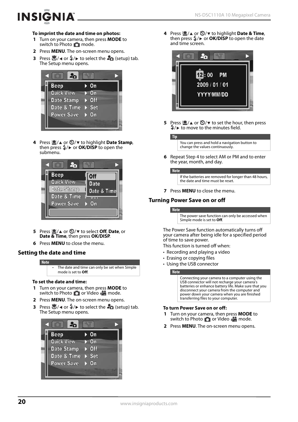 Setting the date and time, Turning power save on or off | Insignia NS-DSC1110A User Manual | Page 24 / 30
