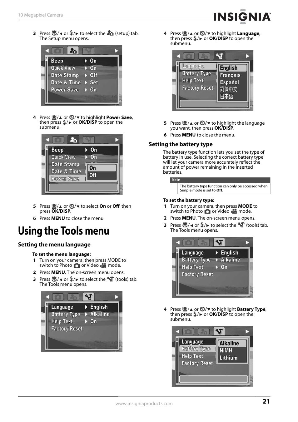 Using the tools menu, Setting the menu language, Setting the battery type | Setting the menu language setting the battery type | Insignia NS-DSC1110A User Manual | Page 25 / 30