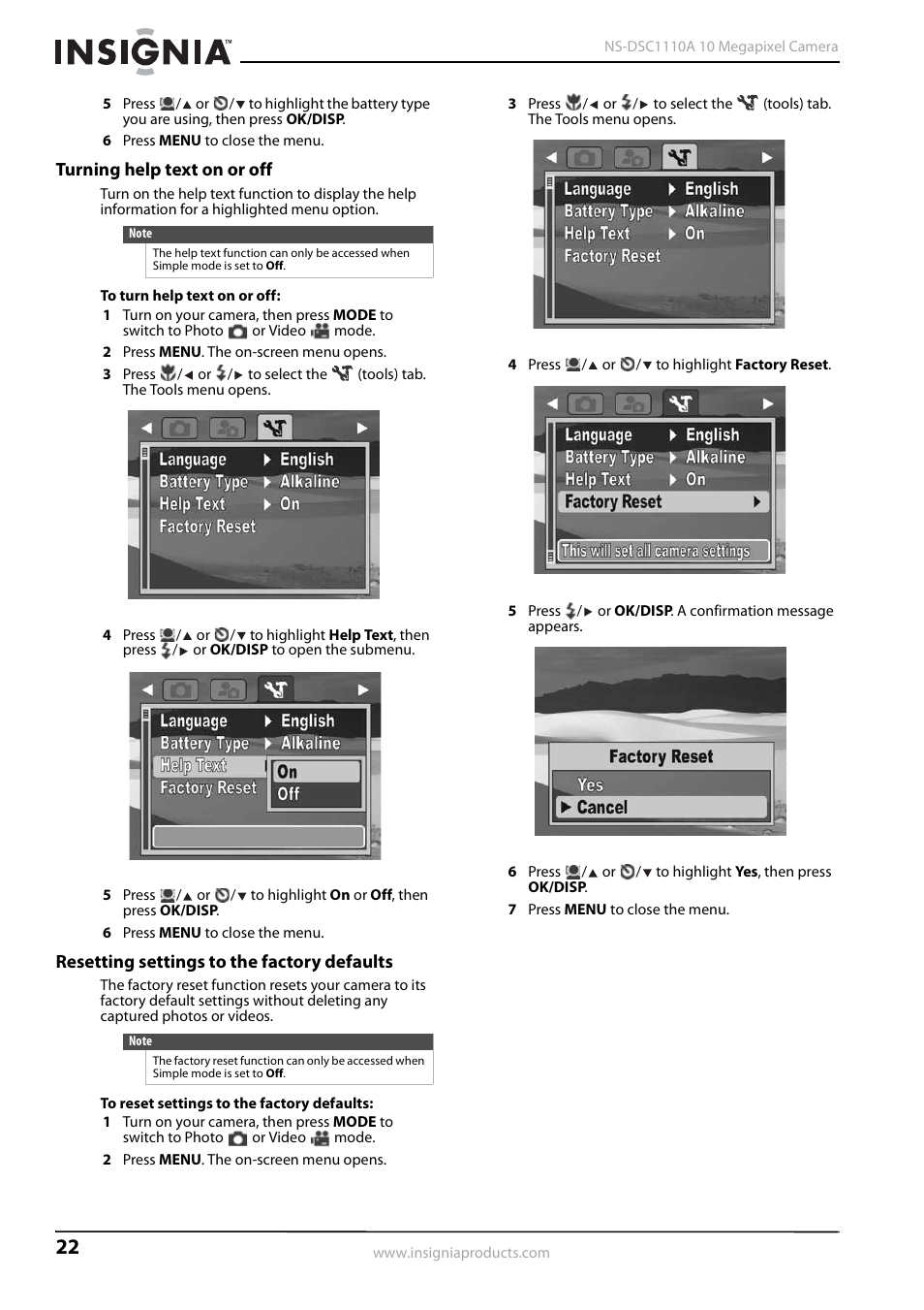 Turning help text on or off, Resetting settings to the factory defaults | Insignia NS-DSC1110A User Manual | Page 26 / 30