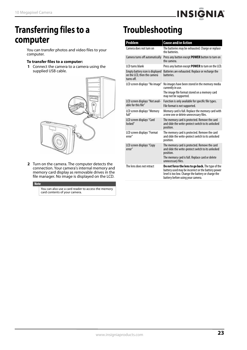 Transferring files to a computer, Troubleshooting | Insignia NS-DSC1110A User Manual | Page 27 / 30