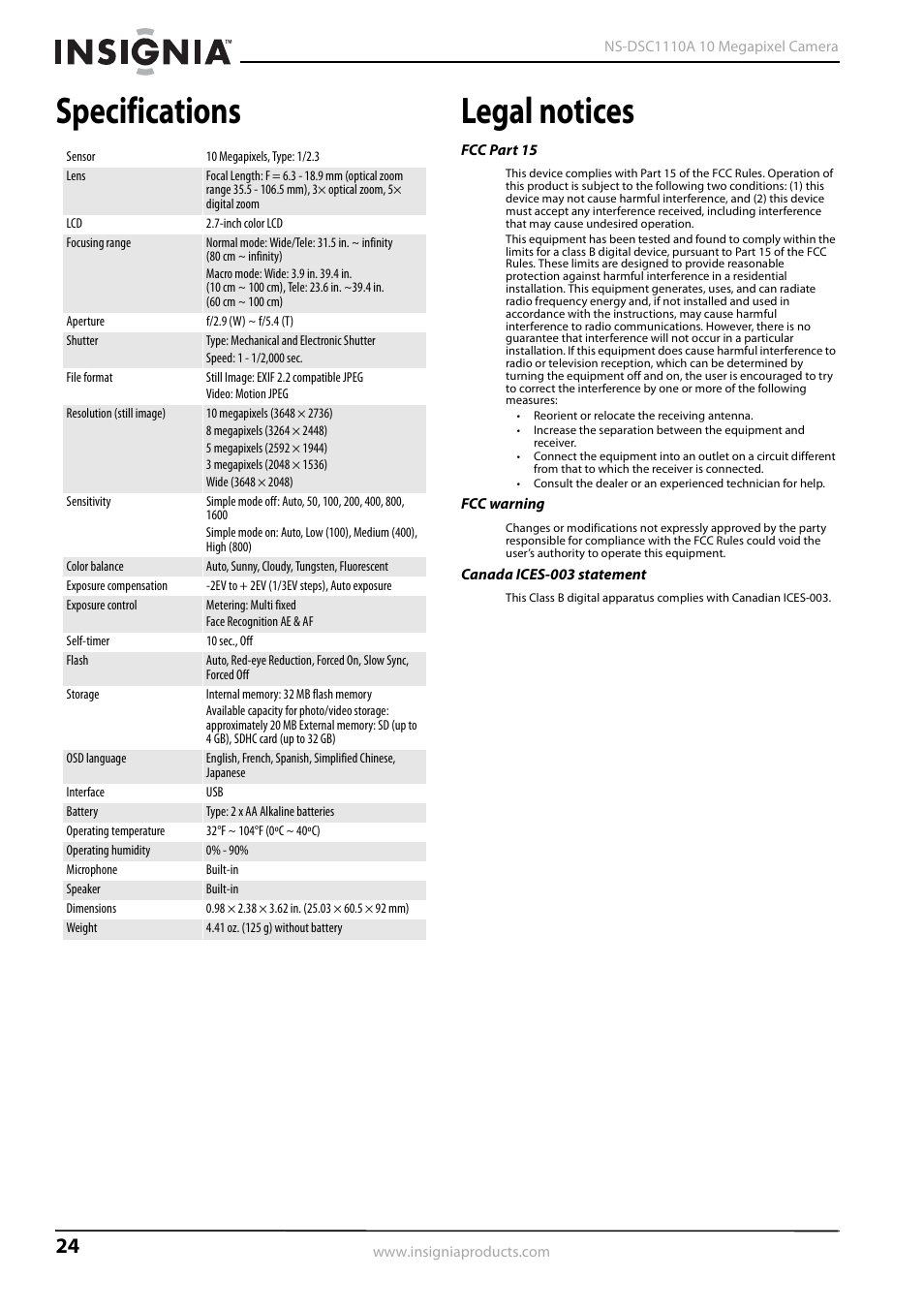 Specifications, Legal notices, Specifications legal notices | Insignia NS-DSC1110A User Manual | Page 28 / 30