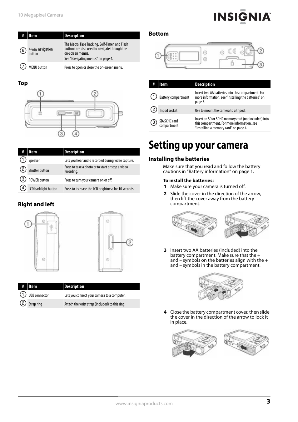 Right and left, Bottom, Setting up your camera | Installing the batteries, Top right and left bottom | Insignia NS-DSC1110A User Manual | Page 7 / 30