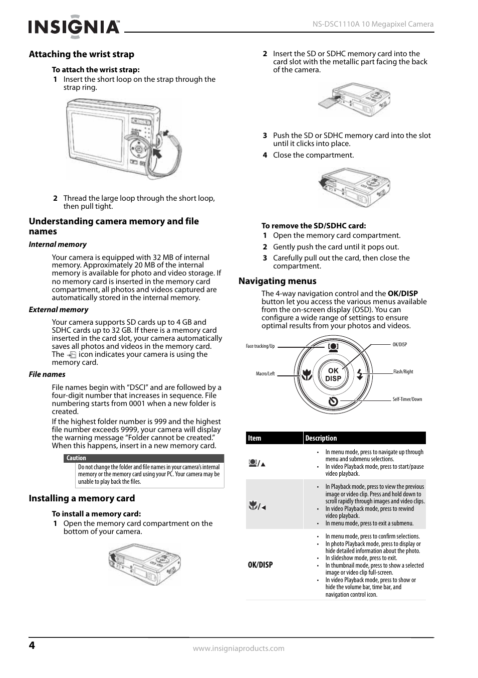 Attaching the wrist strap, Understanding camera memory and file names, Installing a memory card | Navigating menus, Navigating menus” on | Insignia NS-DSC1110A User Manual | Page 8 / 30